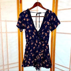 Floral Romper with V Neck and V Back
